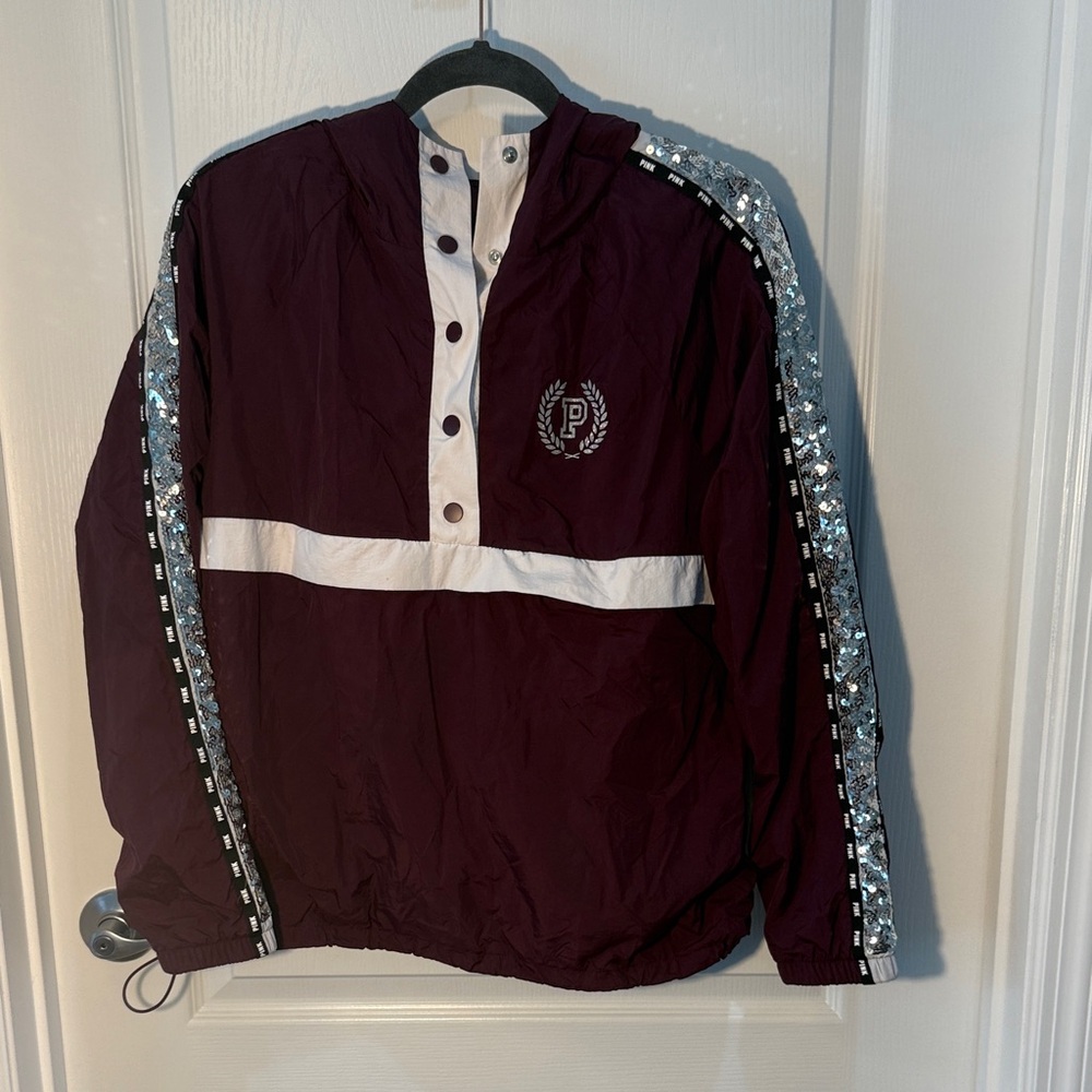 PINK Victoria's Secret Maroon,White Windbreaker Silver Sequin Trim Hood XS/S